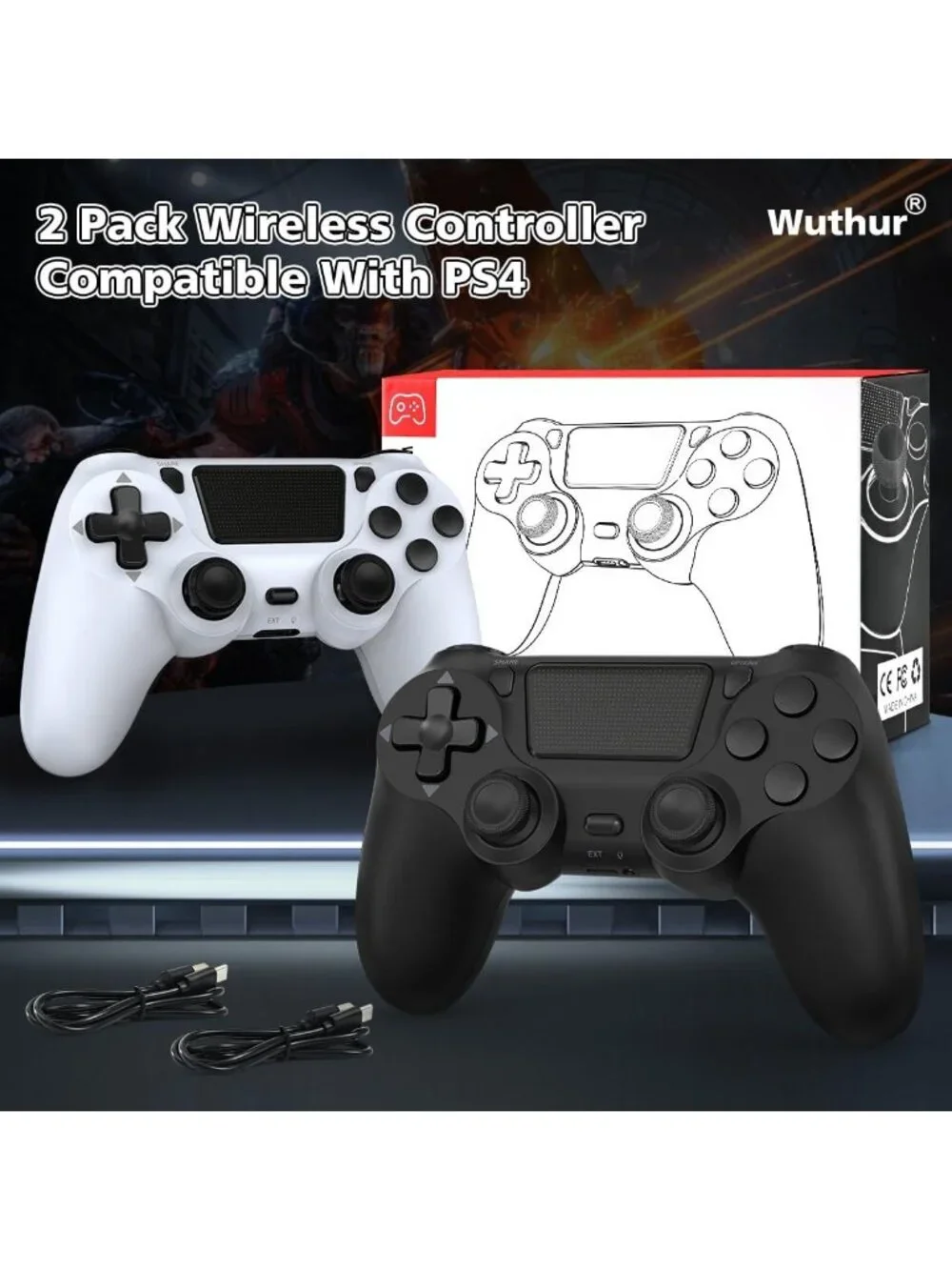 2 Pack Wireless Controllers for PS4/Pro/Slim - Black & White, Gaming Accessories